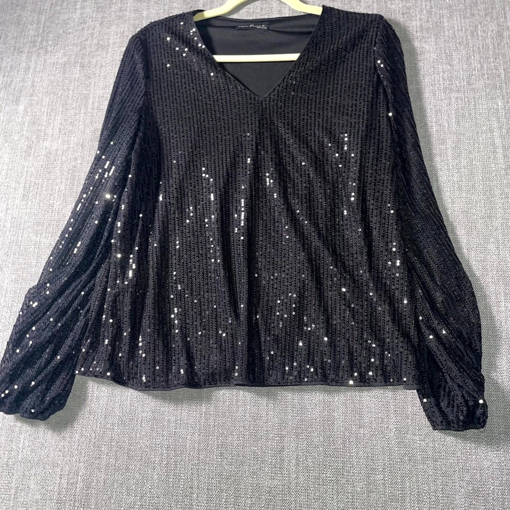 Emery Rose Blouse Top Womens XL Black Sequin Lantern Sleeve V Neck Modern Party